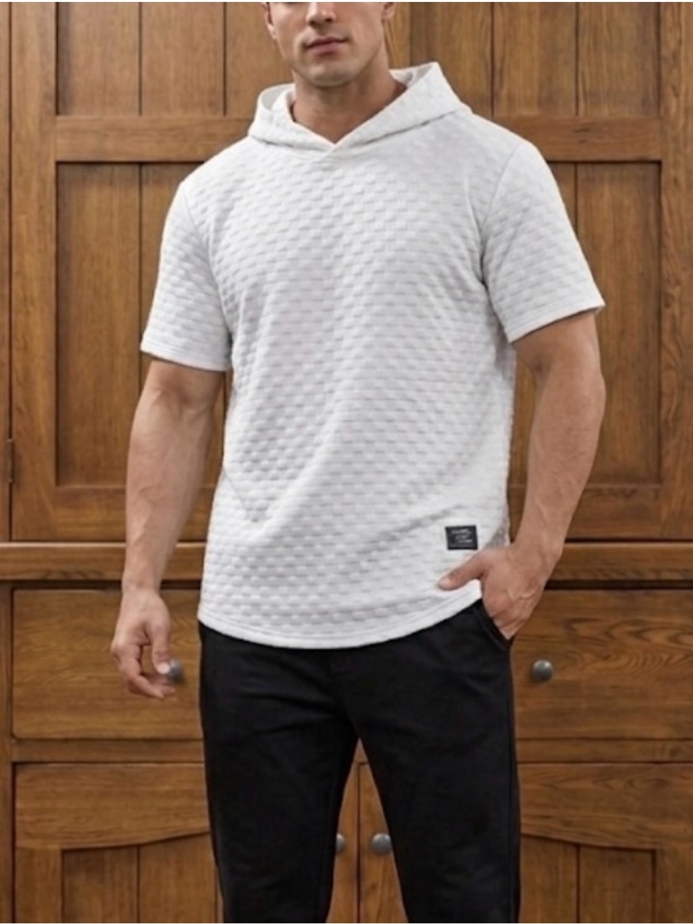 Hoooyi White Hoodie Checkerboard Pattern Size L